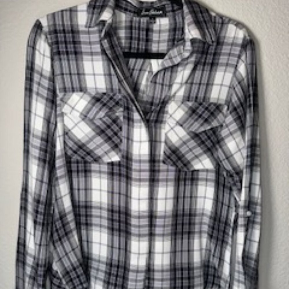 Sam Edelman Roll Tab Sleeve Plaid‎ Black White